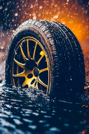 Close up of tire in puddle of water on rainy day. Generative AI.の素材