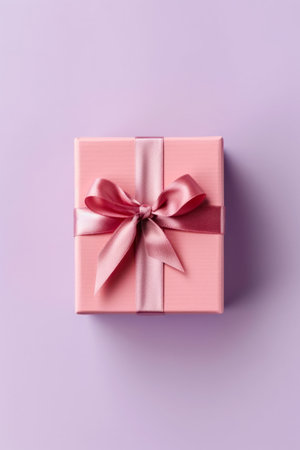 Pink gift box with pink bow on top of it on purple background. Generative AI.の素材