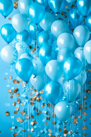 Bunch of blue and white balloons and confetti on blue background. Generative AI.の素材