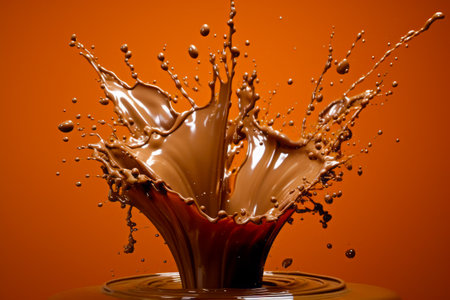 Liquid splashing into the water on orange background with drop of chocolate. Generative AI.の素材