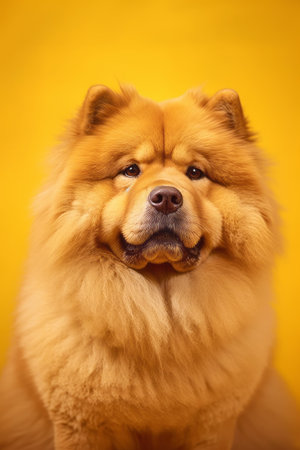 Close up of dog's face with bright yellow background. Generative AI.の素材