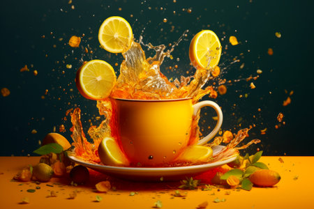 Cup of tea with lemons and water splashing out of it. Generative AI.の素材