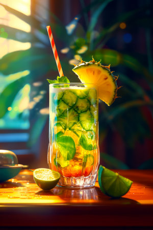 Glass filled with drink next to slice of lime and straw. Generative AI.の素材