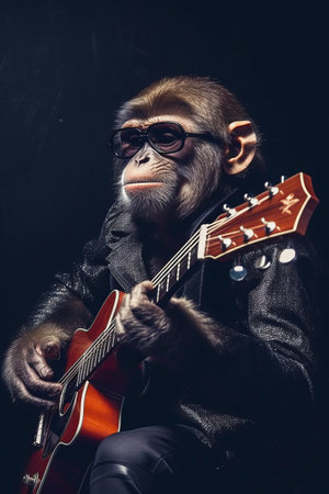 Chimpan holding guitar and wearing black jacket and sunglasses. Generative AI.の素材