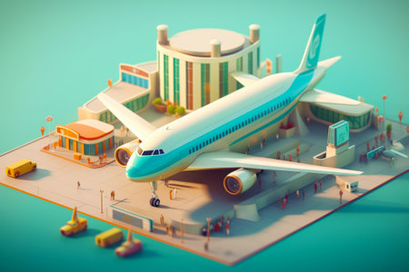 Model of blue and white jet airliner sitting on top of the runway. Generative AI.の素材