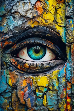Close up of eye painted on piece of wood with paint on it. Generative AI.の素材