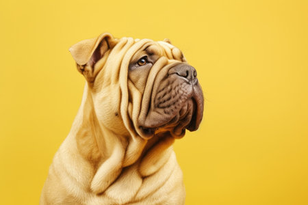 Close up of dog's face with bright yellow background. Generative AI.の素材