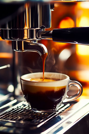 Cup of coffee is being poured into a cup of espresso. Generative AI.の素材