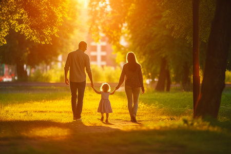 Man and woman walking with little girl in park at sunset. Generative AI.の素材