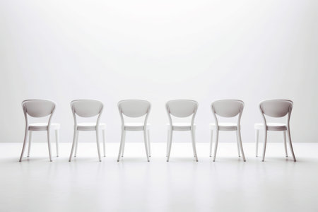 Row of white chairs sitting next to each other on white floor. Generative AI.の素材