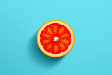 Grapefruit cut in half on blue background with shadow. Generative AI.の素材