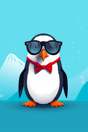 Penguin wearing red bow tie and glasses with mountain in the background. Generative AI.の素材