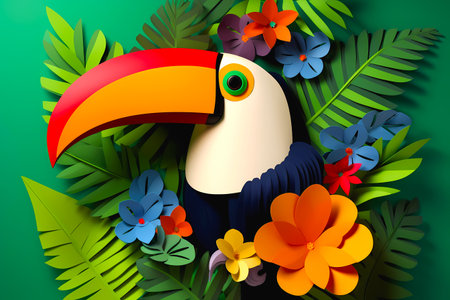 Toucan bird surrounded by tropical leaves and flowers on green background. Generative AI.の素材