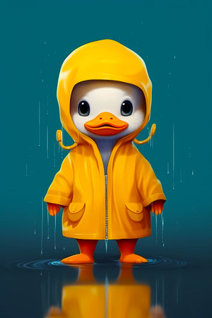 Little duck in yellow raincoat standing in puddle of water. Generative AI.の素材