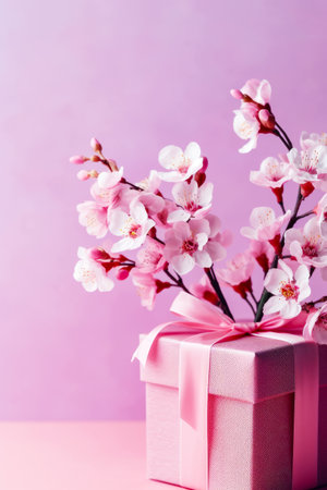 Pink gift box with pink ribbon and bouquet of pink flowers. Generative AI.の素材