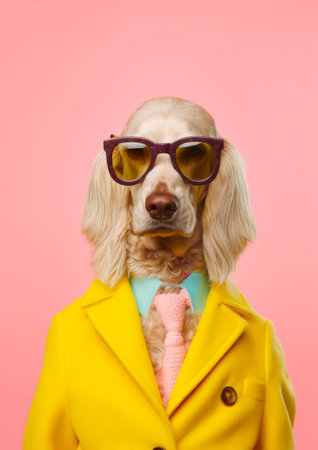 Dog wearing glasses and yellow coat with pink toy in it's mouth. Generative AI.の素材