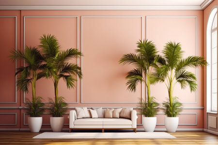 Living room with couch and three palm trees in the corner of the room. Generative AI.の素材