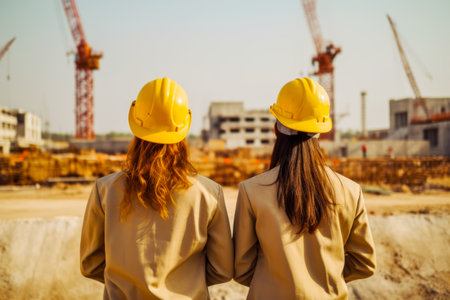 Two women in hardhats looking at construction site with cranes in the background. Generative AI.の素材