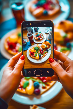 Person taking picture of plate of food on cell phone. Generative AI.の素材