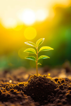 Small green plant sprouting out of the ground in the sunlight. Generative AI.の素材
