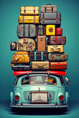 Car with stack of luggage on top of it's roof. Generative AI.の素材