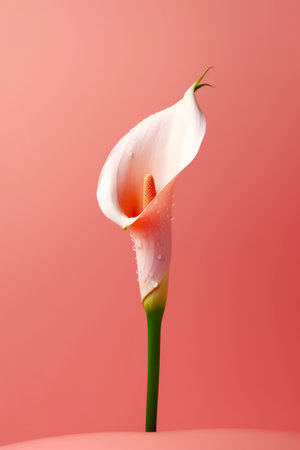 Single white flower with water droplets on it's petals on pink background. Generative AI.の素材