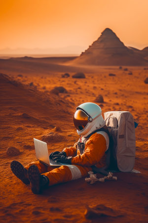 Man in orange and white space suit sitting in the desert on laptop. Generative AI.の素材