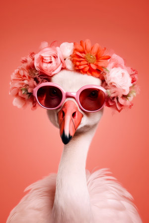 Flamingo wearing pink sunglasses and flower crown on it's head. Generative AI.の素材