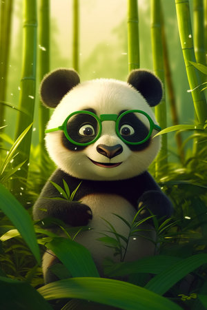 Panda bear with green glasses sitting in bamboo forest with tall grass. Generative AI.の素材
