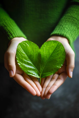 Person holding leaf in their hands with heart shaped green leaf. Generative AI.の素材