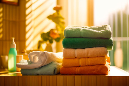 Stack of folded towels sitting on top of table next to potted plant. Generative AI.の素材