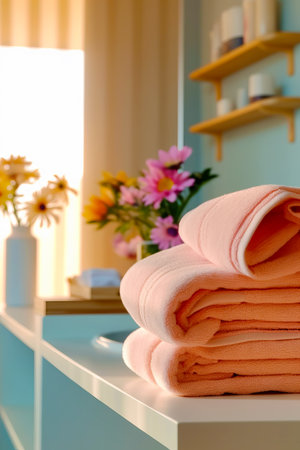 Stack of folded towels sitting on top of bathroom counter next to vase of flowers. Generative AI.の素材