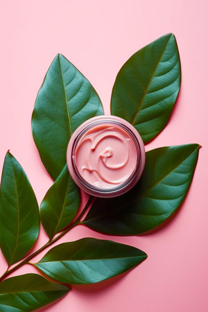Jar of lip butter sitting on top of green leafy branch. Generative AI.の素材