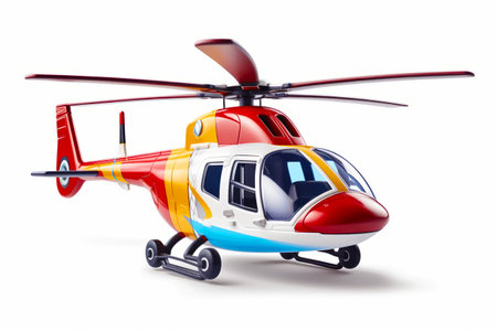 Red, yellow, and blue helicopter is on white surface with white background. Generative AI.の素材