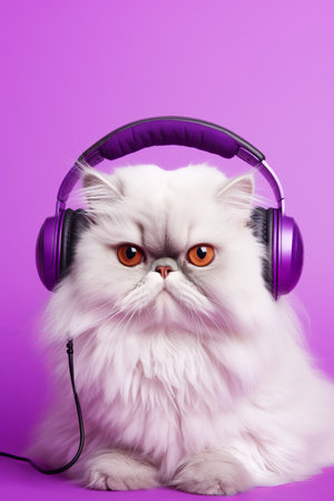 White cat wearing headphones and looking at the camera on purple background. Generative AI.の素材