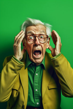 Old man wearing glasses and green shirt is holding his head with his hands. Generative AI.の素材