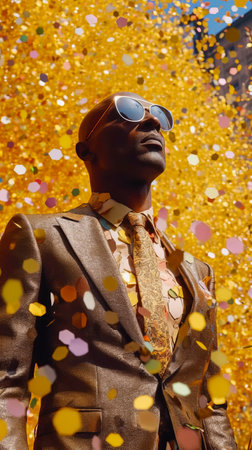 Man in suit and tie standing in front of confetti. Generative AI.の素材