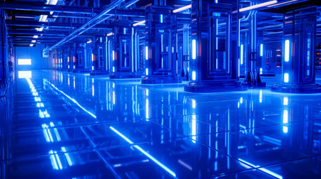Large room filled with lots of tall blue pillars and lights. Generative AI.の素材