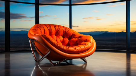 Orange leather chair sitting in front of large window. Generative AI.の素材
