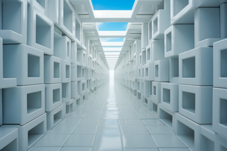 Room filled with lots of white shelves under blue sky. Generative AI.の素材