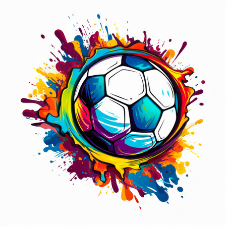 Soccer ball painted in bright colors on white background. Generative AI.の素材
