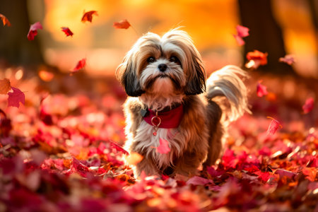 Small brown and white dog standing in the field of leaves. Generative AI.の素材