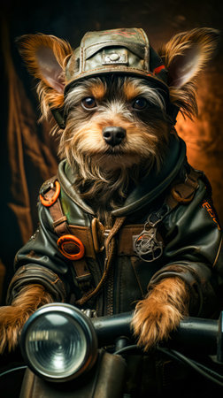Small dog dressed up in pilot's outfit. Generative AI.の素材