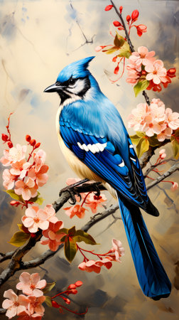 Image of blue bird sitting on branch with pink flowers. Generative AI.の素材