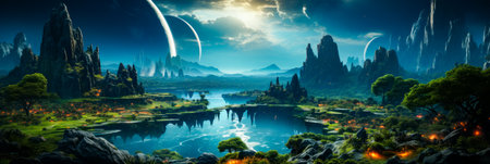 Image of fantasy landscape with mountains and body of water. Generative AI.の素材