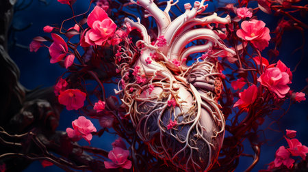 Model of heart surrounded by branches and pink flowers. Generative AI.の素材