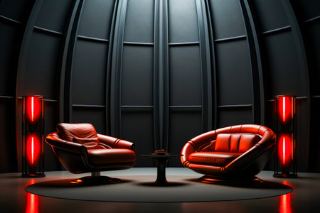 Couple of red chairs sitting on top of table. Generative AI.の素材