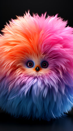 Colorful furry animal with big eyes and pink, blue, and orange fur. Generative AI.の素材