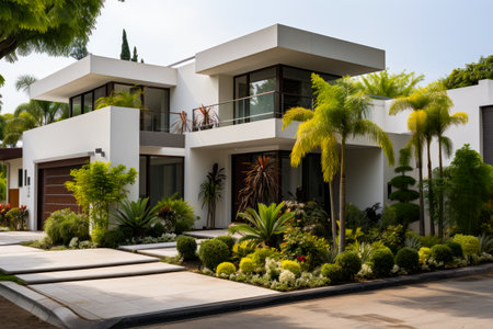 House with lot of trees and plants in front of it. Generative AI.の素材