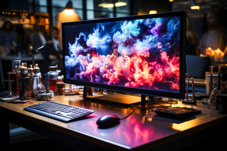 Computer monitor sitting on top of desk next to keyboard. Generative AI.の素材